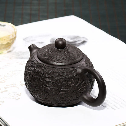 Black Clay Teapot Yixing Dragon Carved Gongfu 300ml