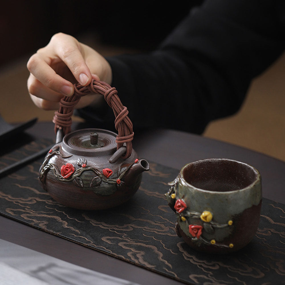 Rattan Weave Teapot Japanese Handmade Ceramic 200ml Gift