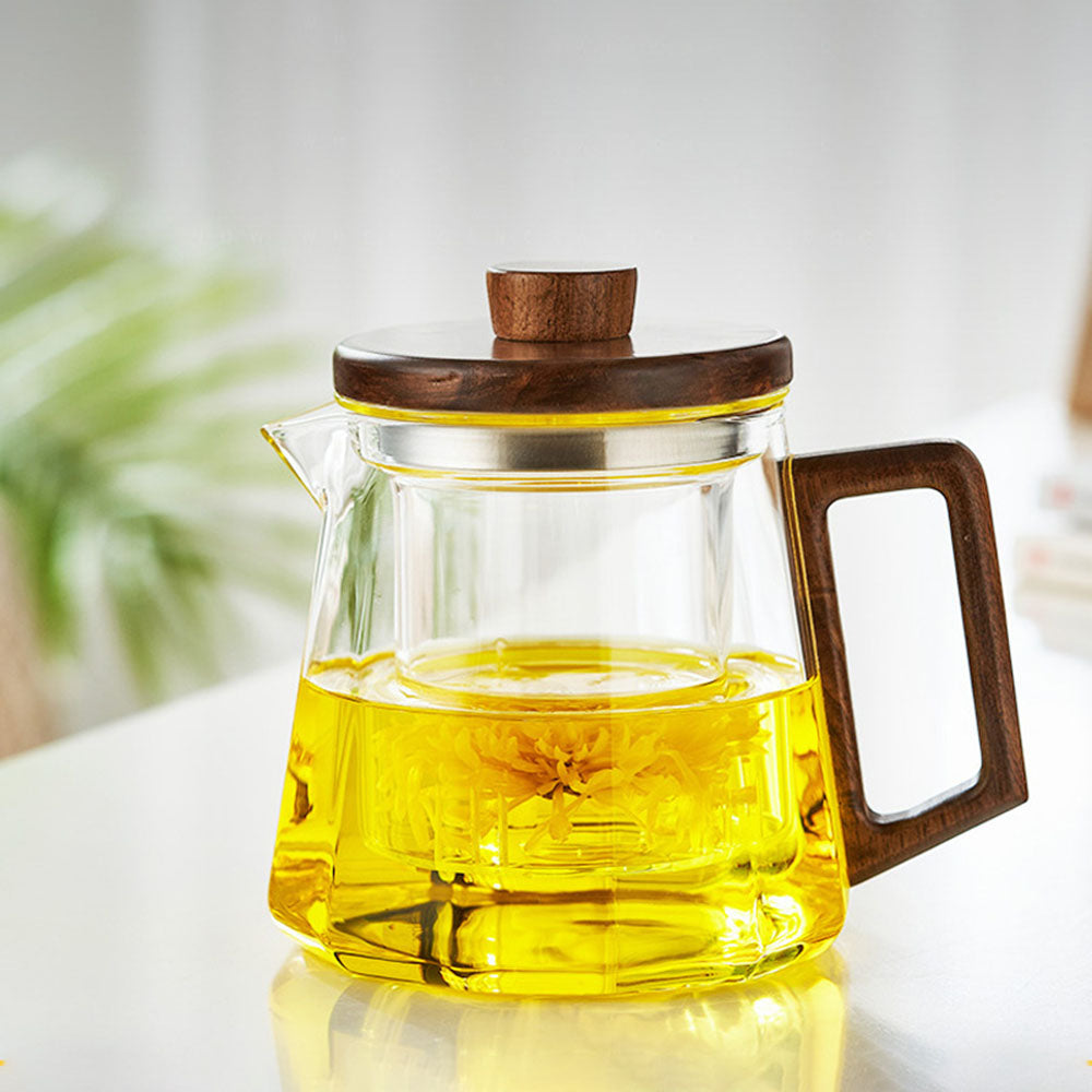 Glass Teapot Wood Handle Cat Claw Infuser Walnut Lid 500ml