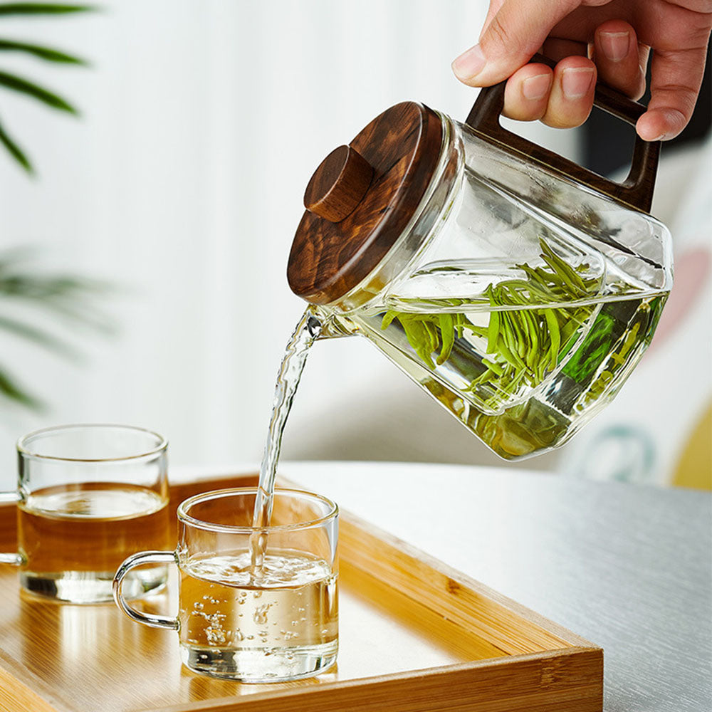 Glass Teapot Wood Handle Cat Claw Infuser Walnut Lid 500ml