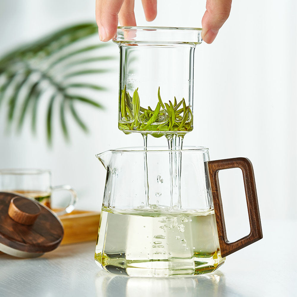 Glass Teapot Wood Handle Cat Claw Infuser Walnut Lid 500ml