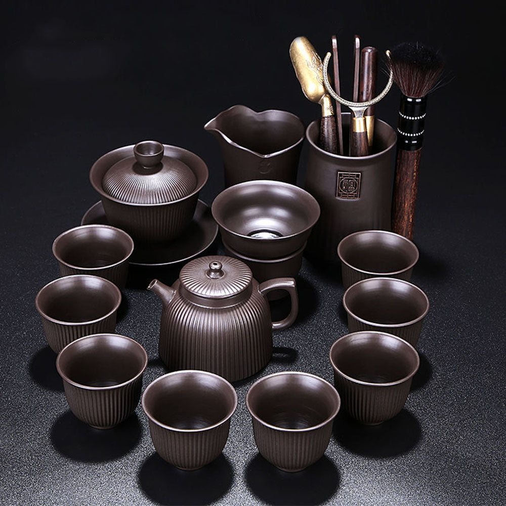 Gongfu Tea Set Yixing Purple Clay Xi Shi Stripe 11-Piece