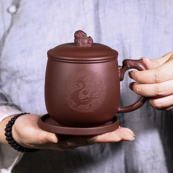 Yixing Purple Clay Dragon Tea Cup with Infuser & Pi Xiu Lid