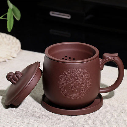 Yixing Purple Clay Dragon Tea Cup with Infuser & Pi Xiu Lid