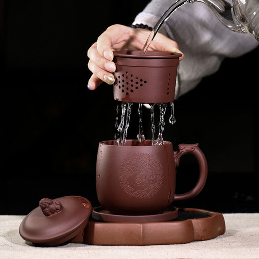 Yixing Purple Clay Dragon Tea Cup with Infuser & Pi Xiu Lid