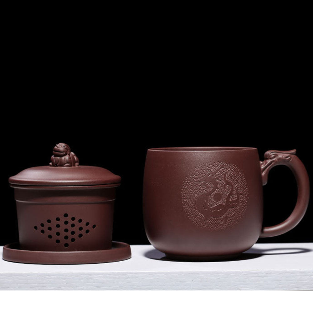 Yixing Purple Clay Dragon Tea Cup with Infuser & Pi Xiu Lid