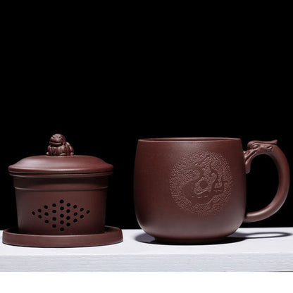 Yixing Purple Clay Dragon Tea Cup with Infuser & Pi Xiu Lid