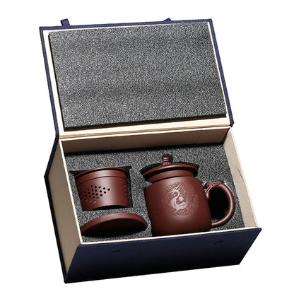 Yixing Purple Clay Dragon Tea Cup with Infuser & Pi Xiu Lid