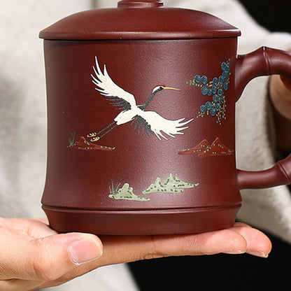 Lidded Tea Cup Pine Crane Yixing Zisha Bamboo Handle 470ml