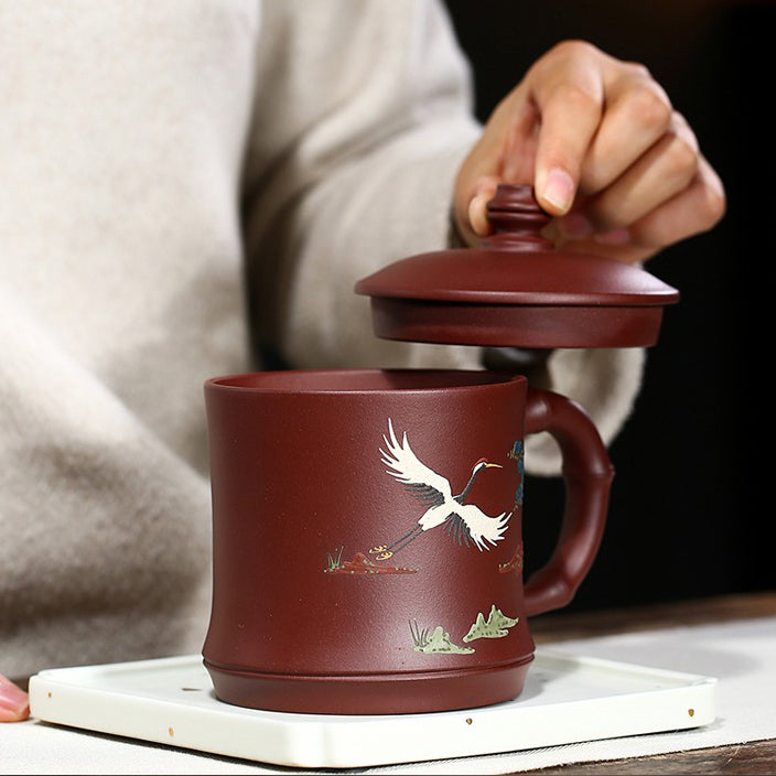 Lidded Tea Cup Pine Crane Yixing Zisha Bamboo Handle 470ml