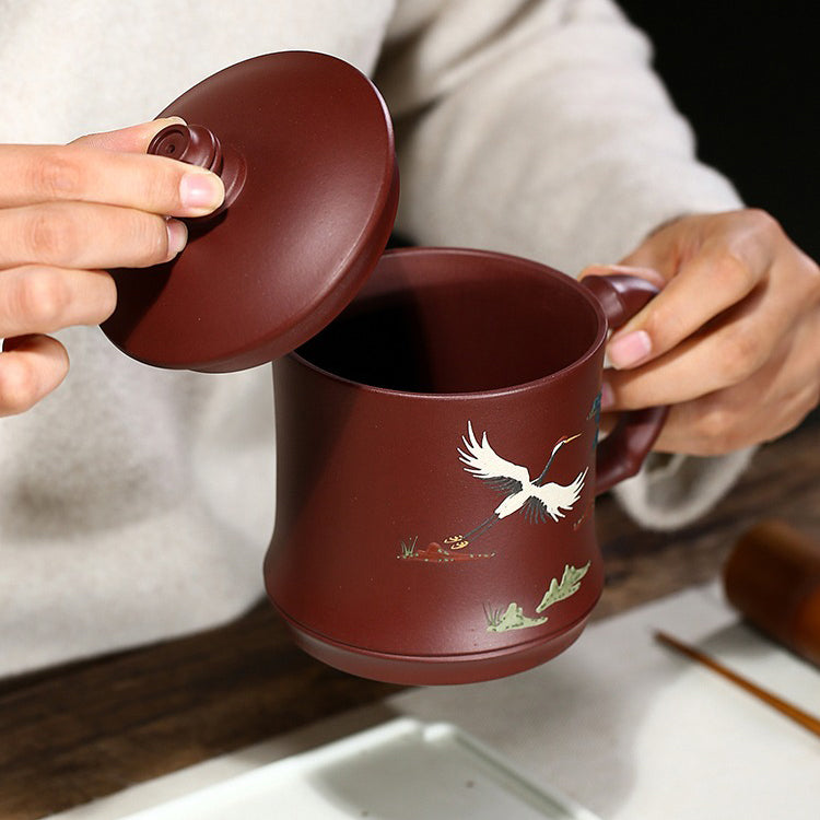 Lidded Tea Cup Pine Crane Yixing Zisha Bamboo Handle 470ml