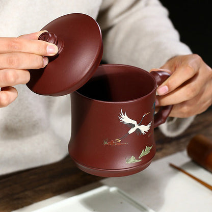 Lidded Tea Cup Pine Crane Yixing Zisha Bamboo Handle 470ml