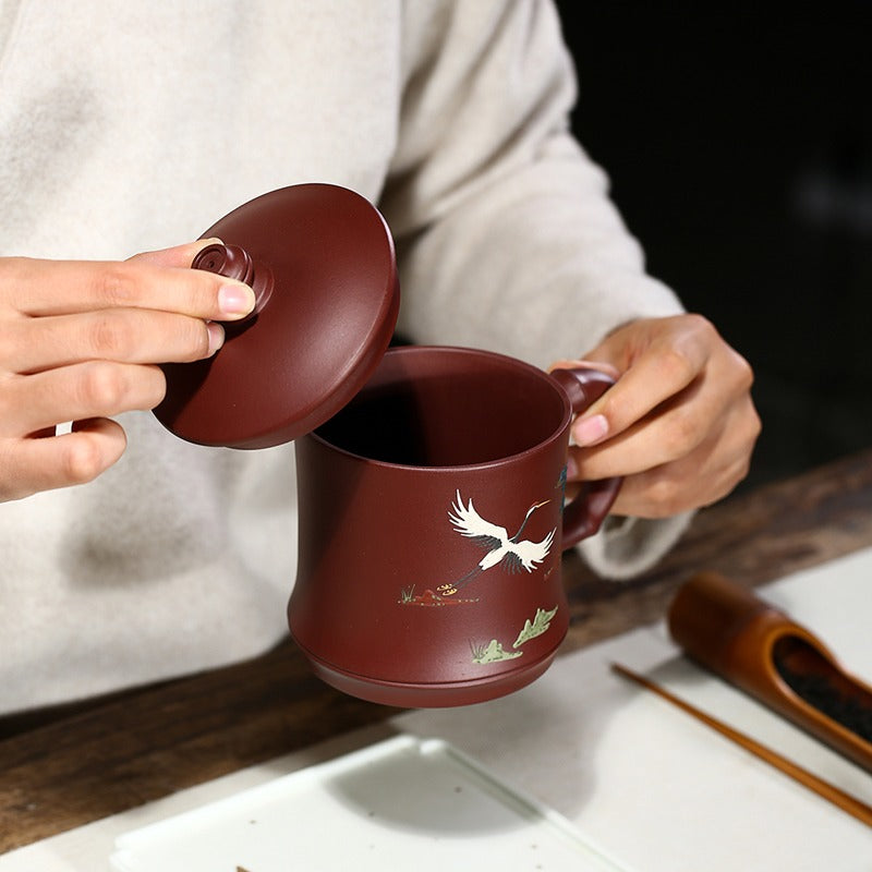 Lidded Tea Cup Pine Crane Yixing Zisha Bamboo Handle 470ml