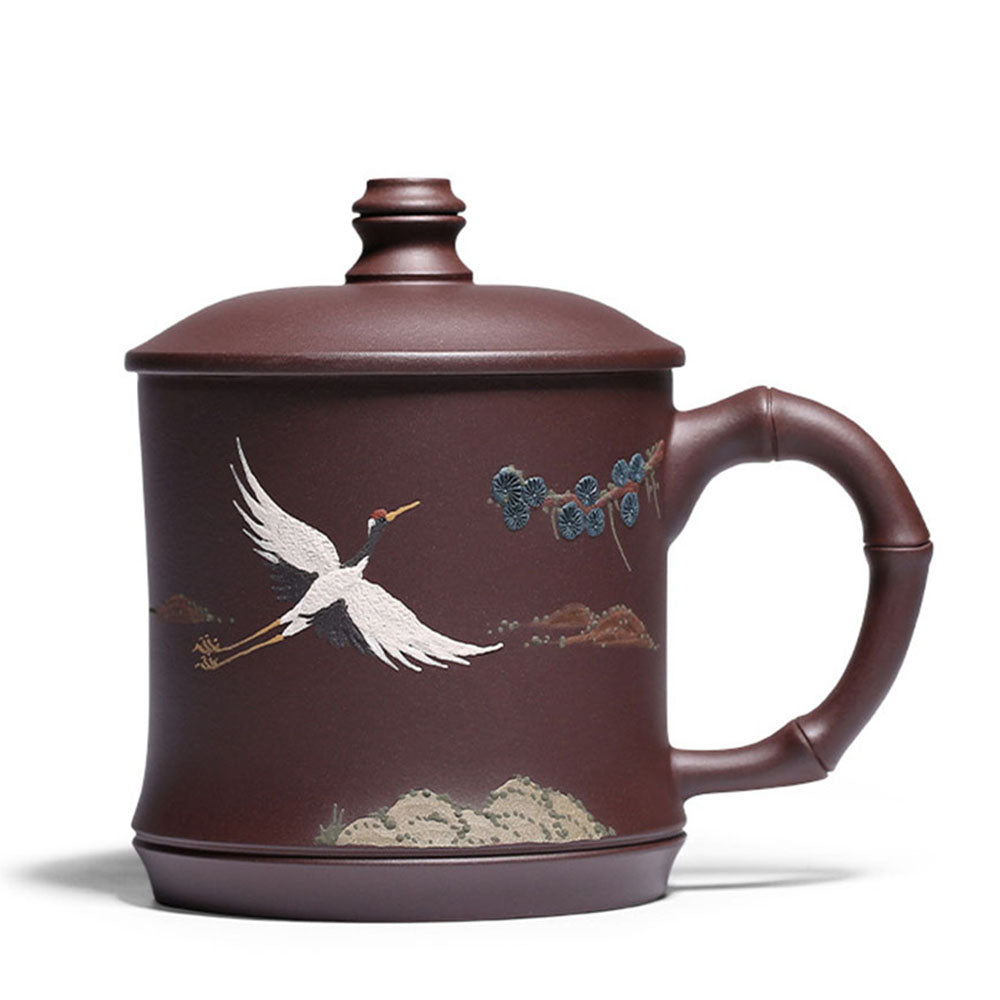 Lidded Tea Cup Pine Crane Yixing Zisha Bamboo Handle 470ml
