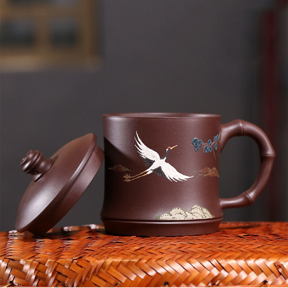 Lidded Tea Cup Pine Crane Yixing Zisha Bamboo Handle 470ml