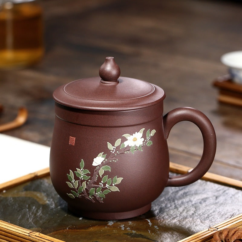 Zisha Tea Cup Peony Relief Lid Yixing Purple Clay 400ml