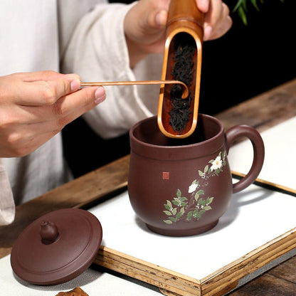 Zisha Tea Cup Peony Relief Lid Yixing Purple Clay 400ml
