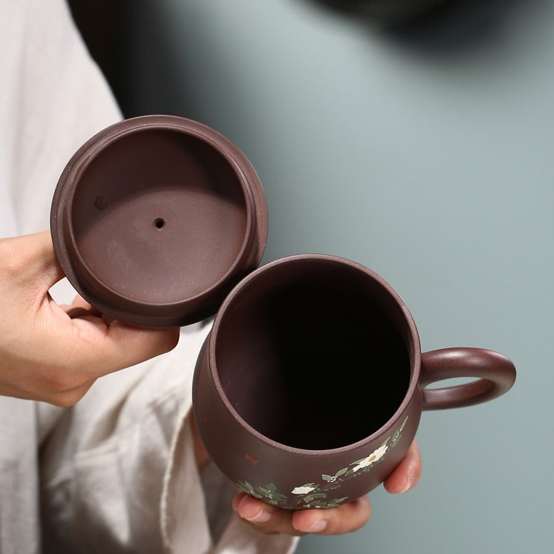 Zisha Tea Cup Peony Relief Lid Yixing Purple Clay 400ml