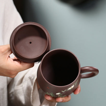 Zisha Tea Cup Peony Relief Lid Yixing Purple Clay 400ml