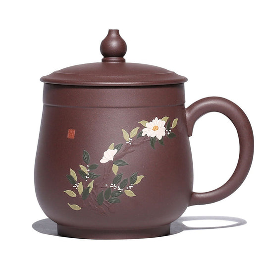 Zisha Tea Cup Peony Relief Lid Yixing Purple Clay 400ml