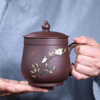 Zisha Tea Cup Peony Relief Lid Yixing Purple Clay 400ml