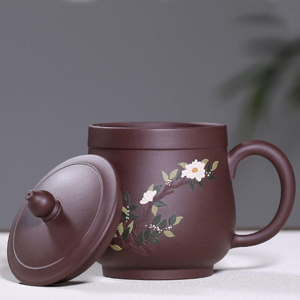 Zisha Tea Cup Peony Relief Lid Yixing Purple Clay 400ml