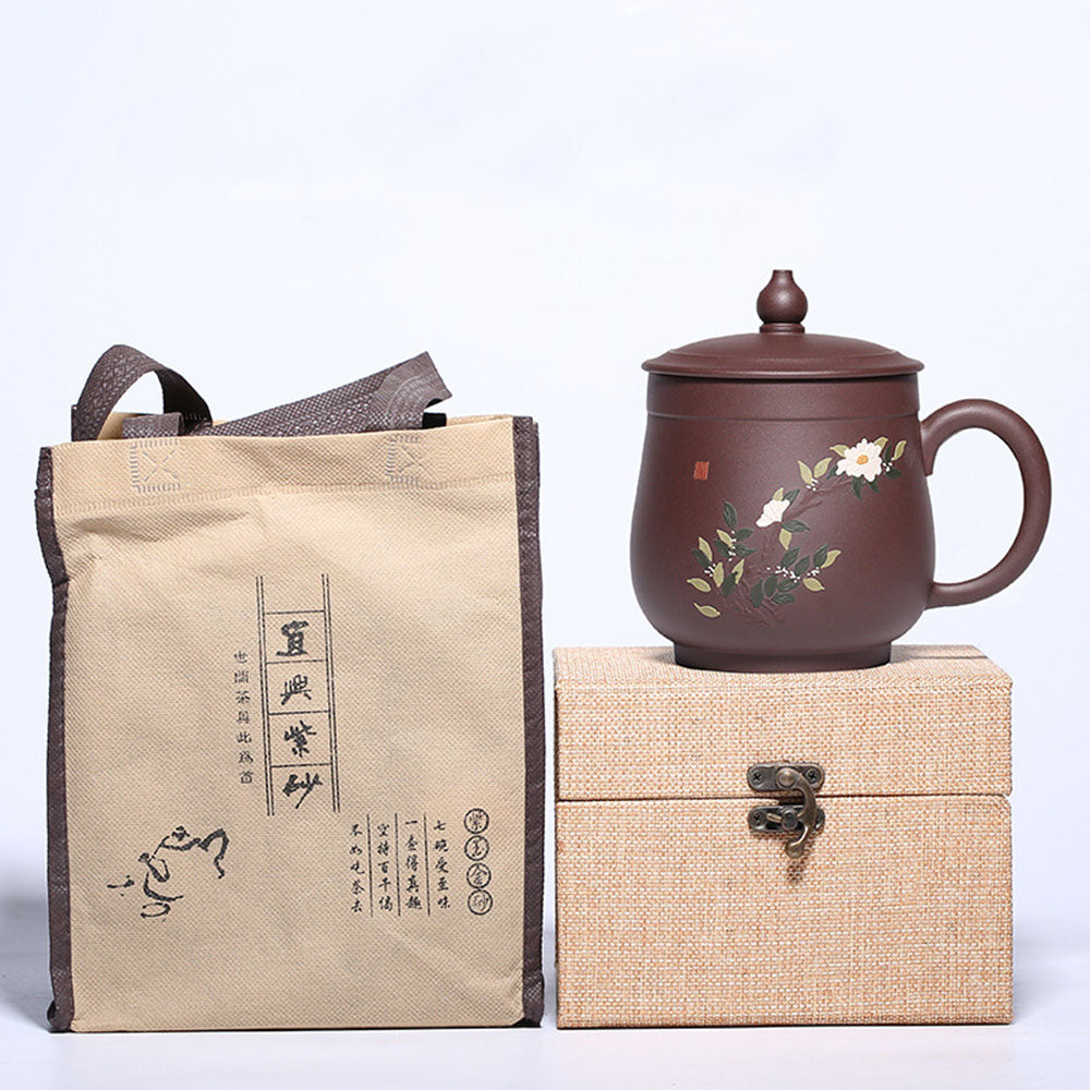 Zisha Tea Cup Peony Relief Lid Yixing Purple Clay 400ml