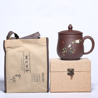 Zisha Tea Cup Peony Relief Lid Yixing Purple Clay 400ml