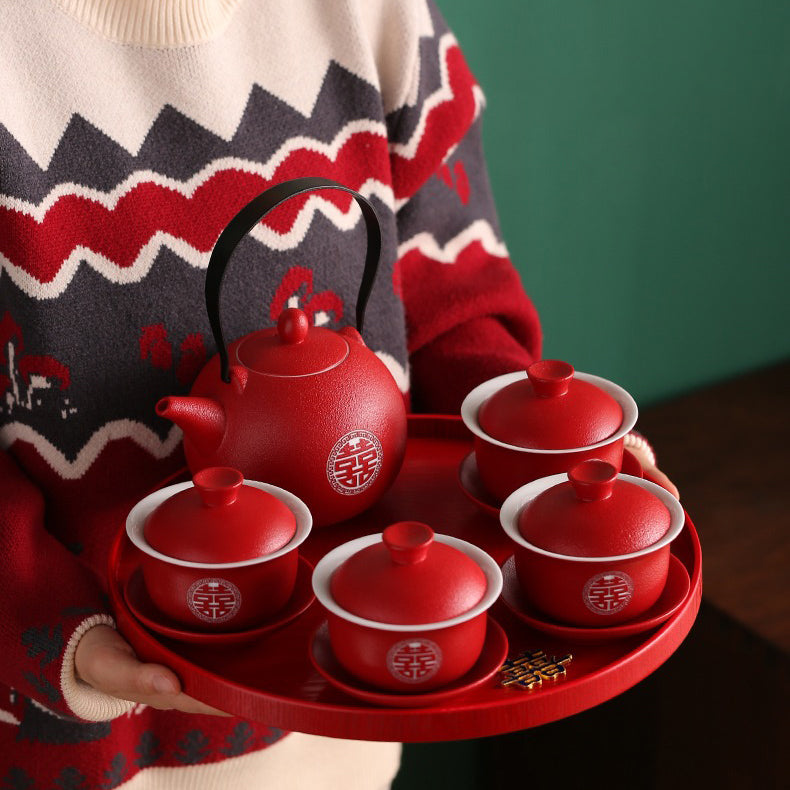 Wedding Tea Set Double Happiness Teapot 4 Gaiwans Tray