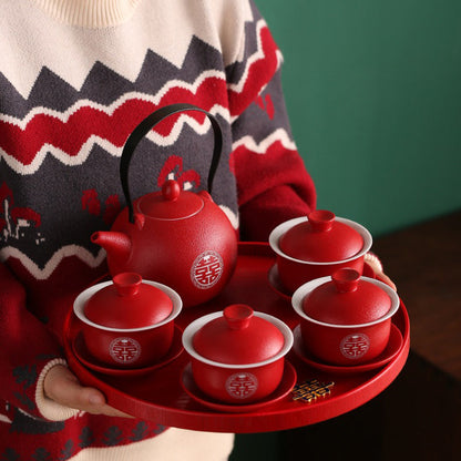 Wedding Tea Set Double Happiness Teapot 4 Gaiwans Tray