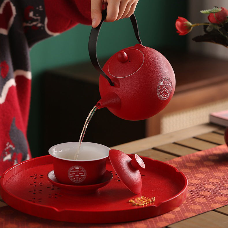 Wedding Tea Set Double Happiness Teapot 4 Gaiwans Tray