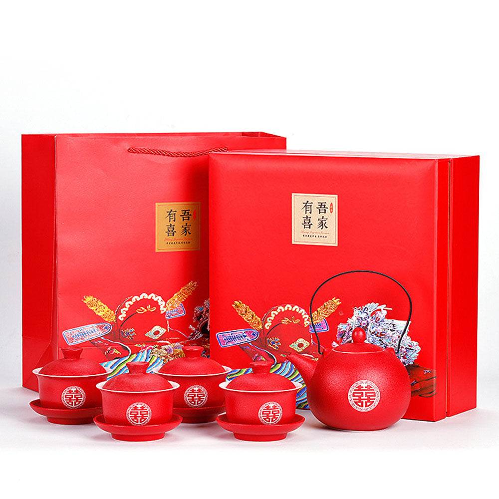 Wedding Tea Set Double Happiness Teapot 4 Gaiwans Tray