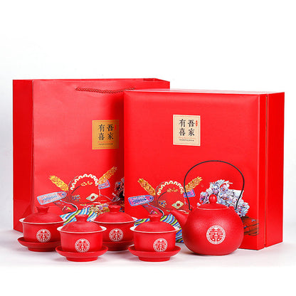 Wedding Tea Set Double Happiness Teapot 4 Gaiwans Tray