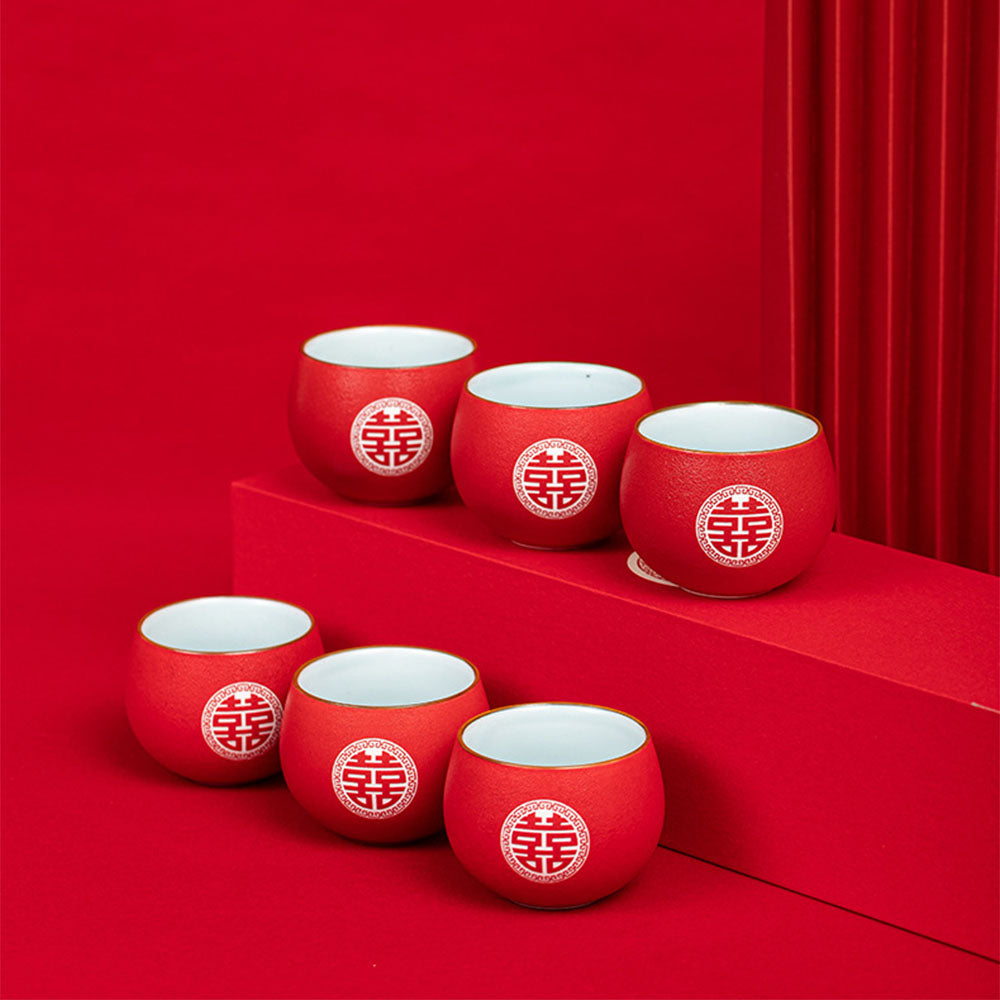 Wedding Tea Cups Set 6pcs Double Happiness Coarse Pottery