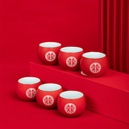 Wedding Tea Cups Set 6pcs Double Happiness Coarse Pottery