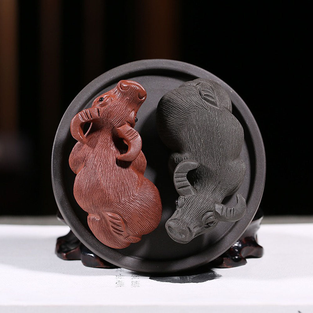 Chinese Tea Pet Yixing Clay Buffalo Bagua Feng Shui Decor