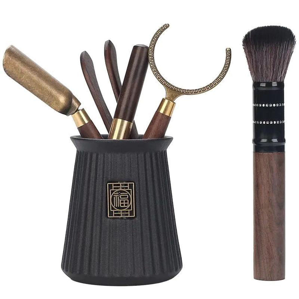 Gongfu Tea Set Ebony Wood Six Gentlemen Ceramic Fu Holder
