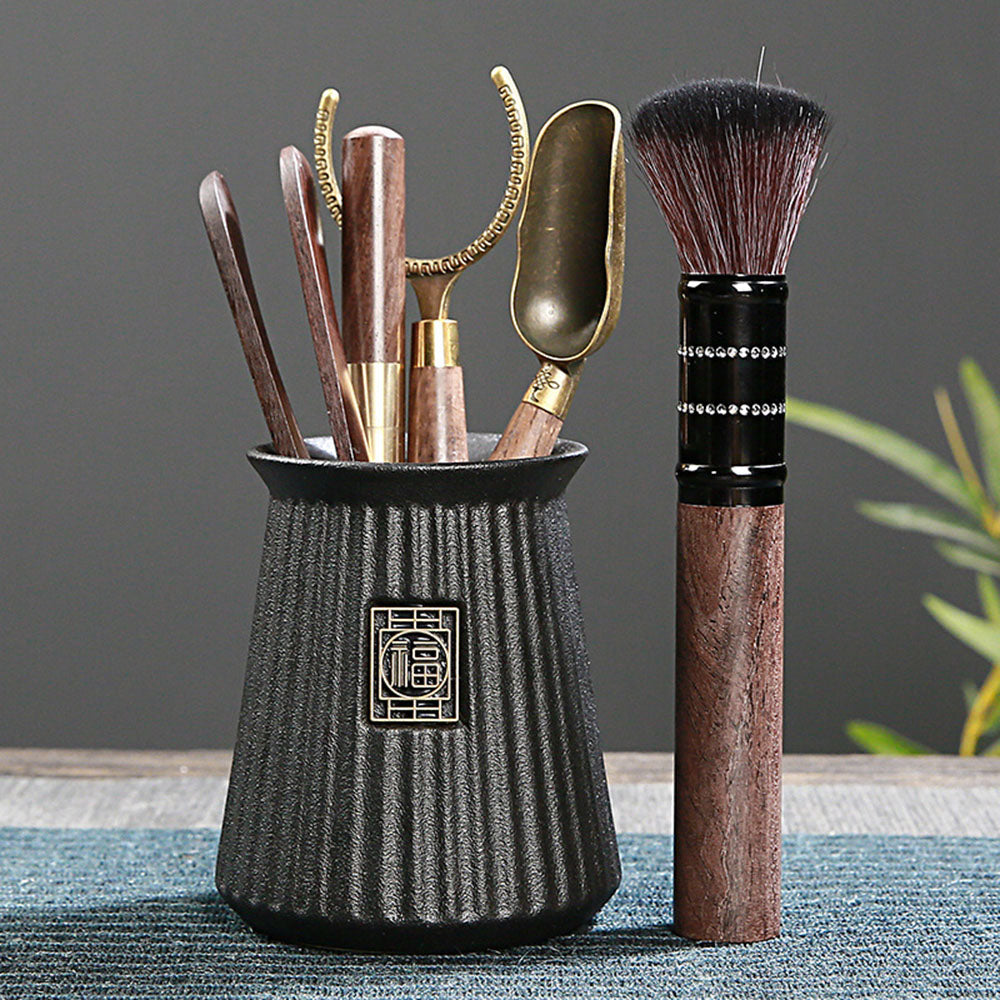 Gongfu Tea Set Ebony Wood Six Gentlemen Ceramic Fu Holder
