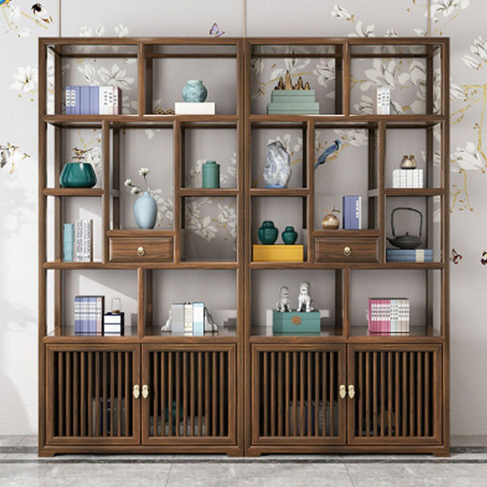 Solid Elm Wood Display Cabinet — Tenon-Mortise Curio Shelf