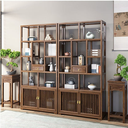 Solid Elm Wood Display Cabinet — Tenon-Mortise Curio Shelf