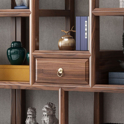 Solid Elm Wood Display Cabinet — Tenon-Mortise Curio Shelf