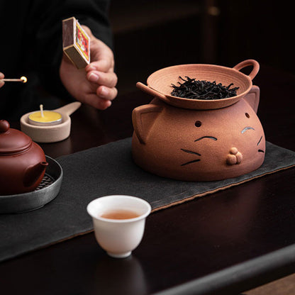Tiger Coarse Pottery Tea Warmer Stove | Hand-Carved 1300°C