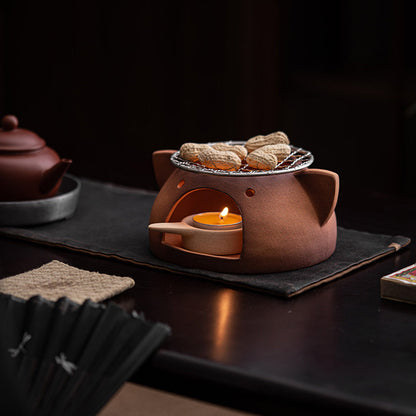 Tiger Coarse Pottery Tea Warmer Stove | Hand-Carved 1300°C