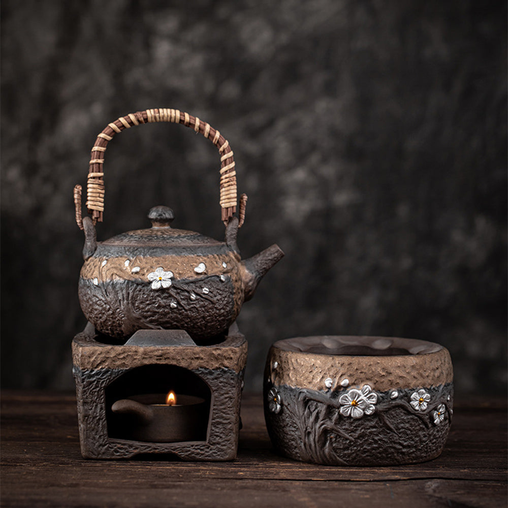 Teapot Warmer Set Rock Clay Plum Blossom Candle Warmer & Pot