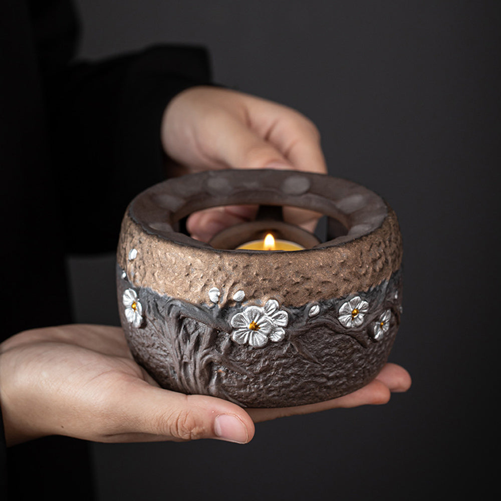 Teapot Warmer Set Rock Clay Plum Blossom Candle Warmer & Pot