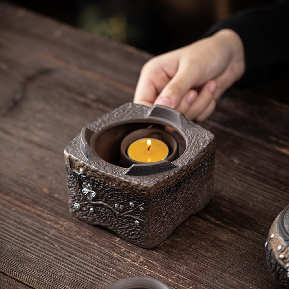 Teapot Warmer Set Rock Clay Plum Blossom Candle Warmer & Pot
