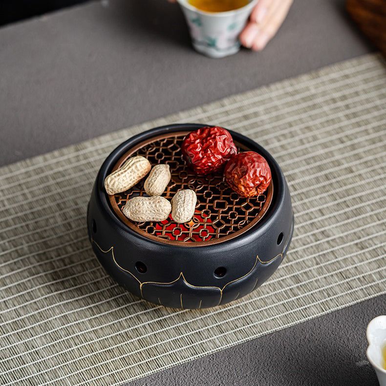 Teapot Warmer Black Ceramic Lotus Design With Copper Pad