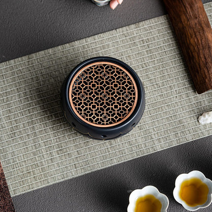 Teapot Warmer Black Ceramic Lotus Design With Copper Pad