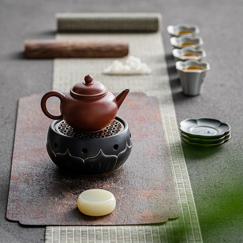 Teapot Warmer Black Ceramic Lotus Design With Copper Pad