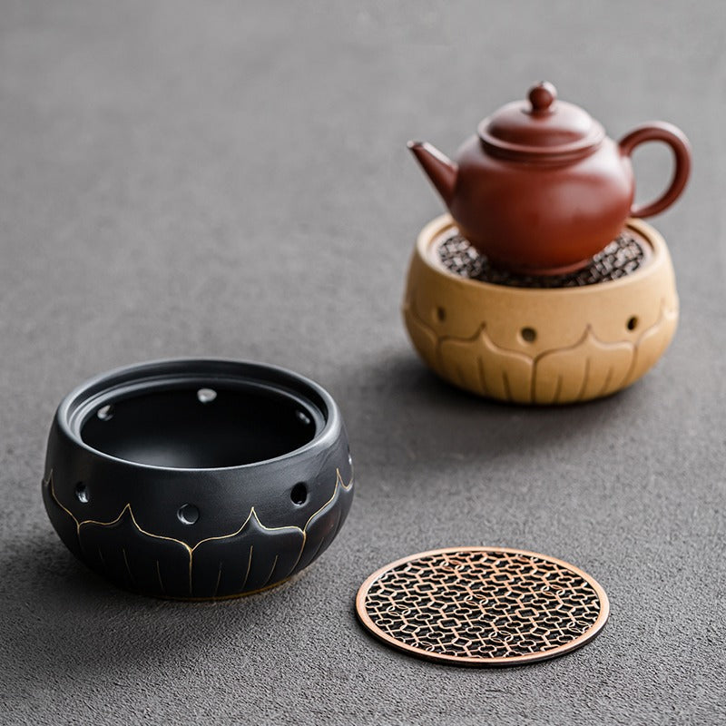 Teapot Warmer Black Ceramic Lotus Design With Copper Pad
